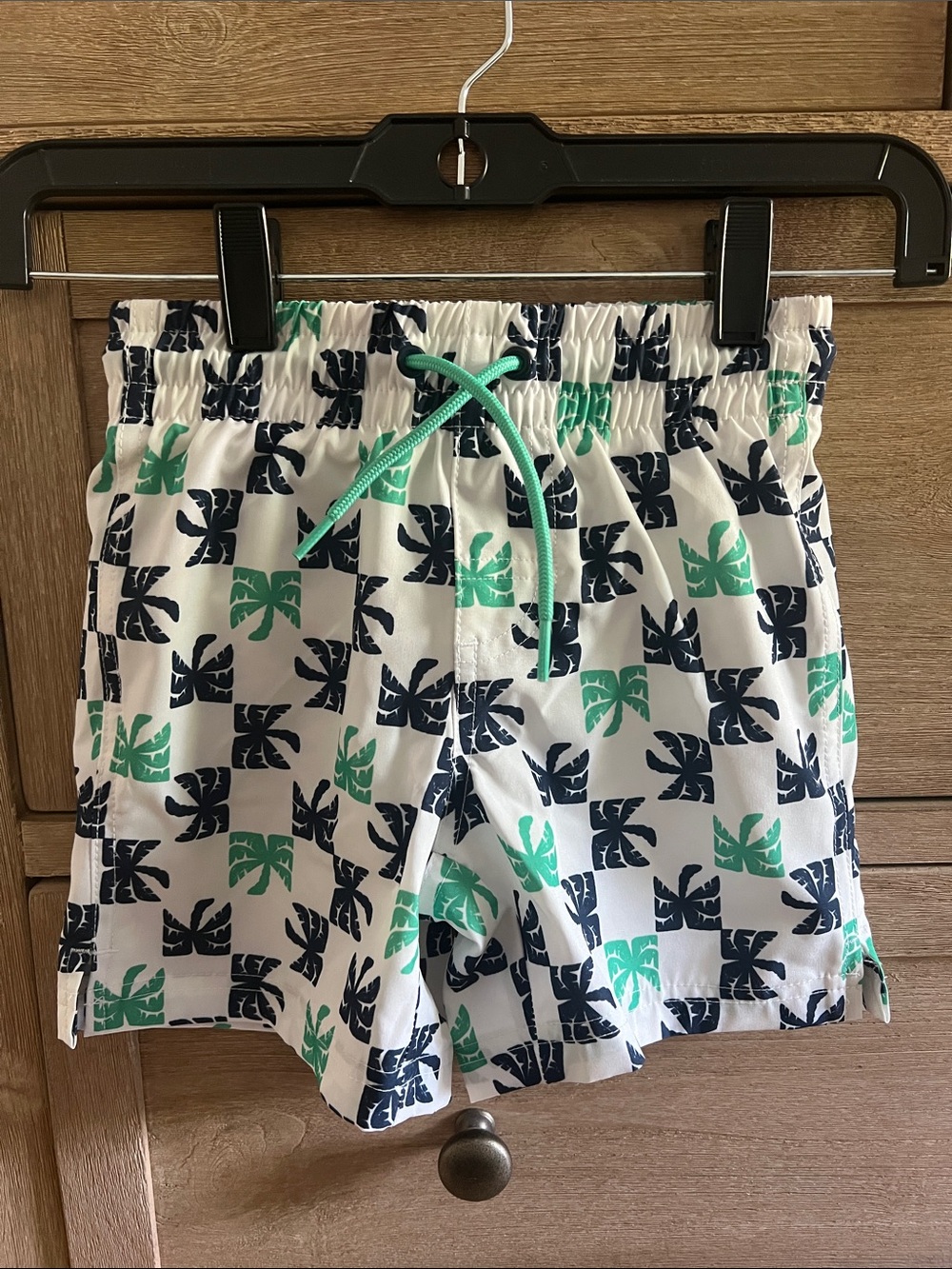 Old Navy Boys White Swim Trunks with Navy & Teal Palm Print